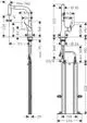 Küchenmischer von Hansgrohe mit Ausziehbrause, zwei Strahlarten, und verschiedenen Abmessungen. Zeichnung zeigt technische Details und Montagehinweise.